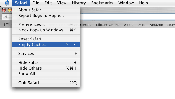 Safari option drop down menu with Empty Cache option selected