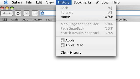 Safari browser menu bar with the word History selected
