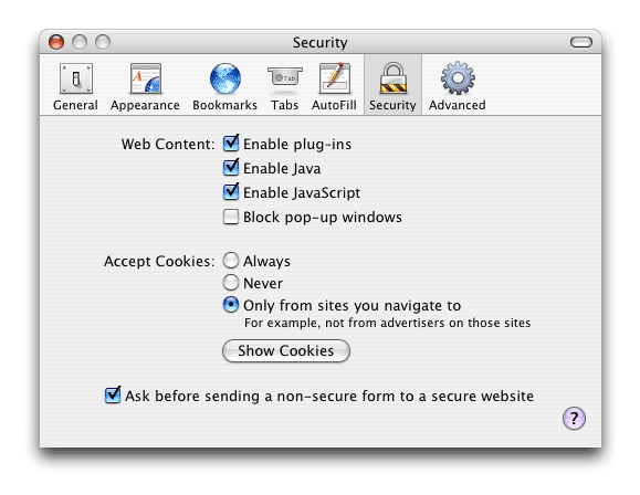 Safari Preferences window with Security option selected